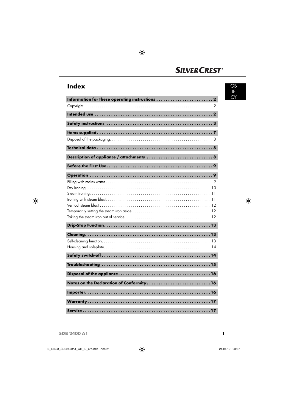 Index, Gb ie cy | Silvercrest SDB 2400 A1 User Manual | Page 3 / 37