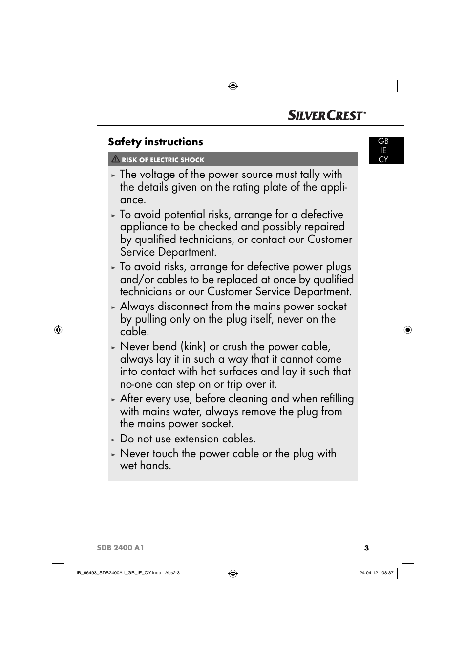 Do not use extension cables, Safety instructions | Silvercrest SDB 2400 A1 User Manual | Page 5 / 37