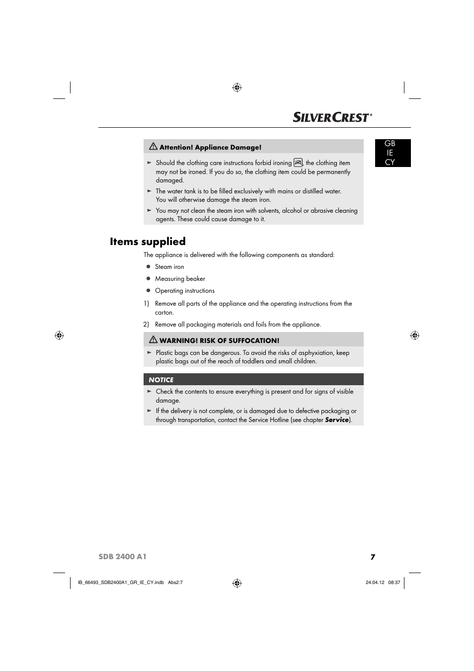 Items supplied, Gb ie cy | Silvercrest SDB 2400 A1 User Manual | Page 9 / 37