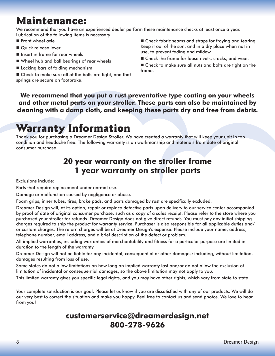 Maintenance, Warranty information | Dreamer Design Stroller User Manual | Page 10 / 12