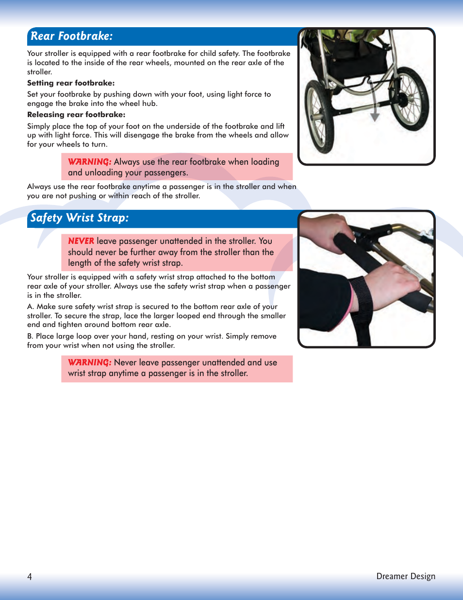 Rear footbrake, Safety wrist strap | Dreamer Design Stroller User Manual | Page 6 / 12