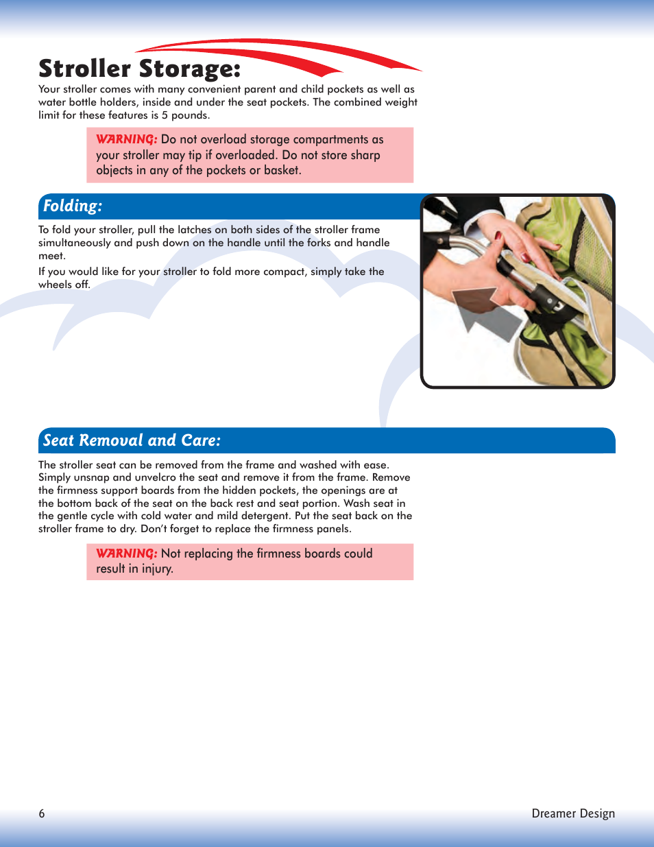 Stroller storage, Folding, Seat removal and care | Dreamer Design Stroller User Manual | Page 8 / 12