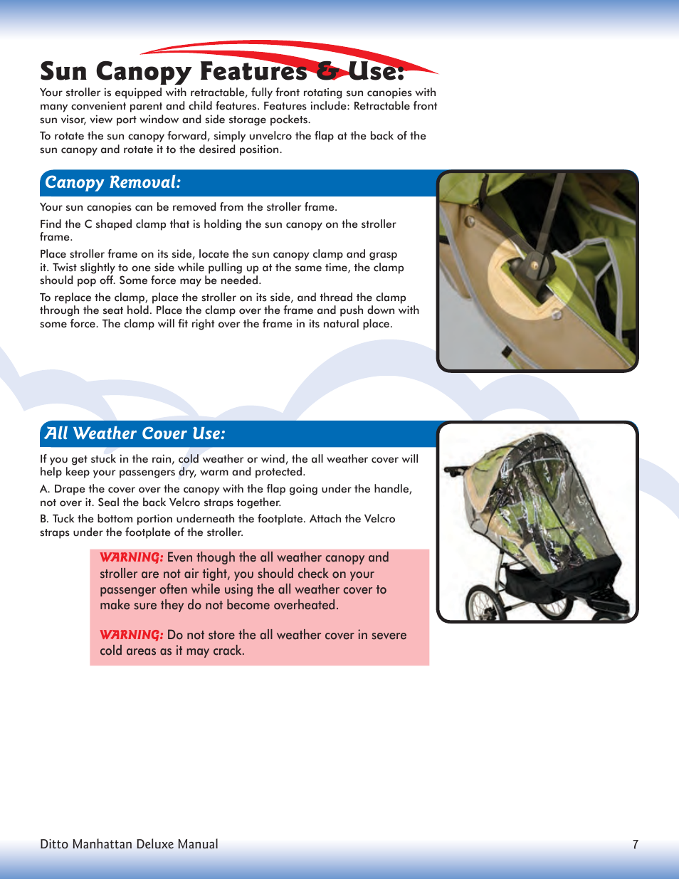 Sun canopy features & use, Canopy removal, All weather cover use | Dreamer Design Stroller User Manual | Page 9 / 12