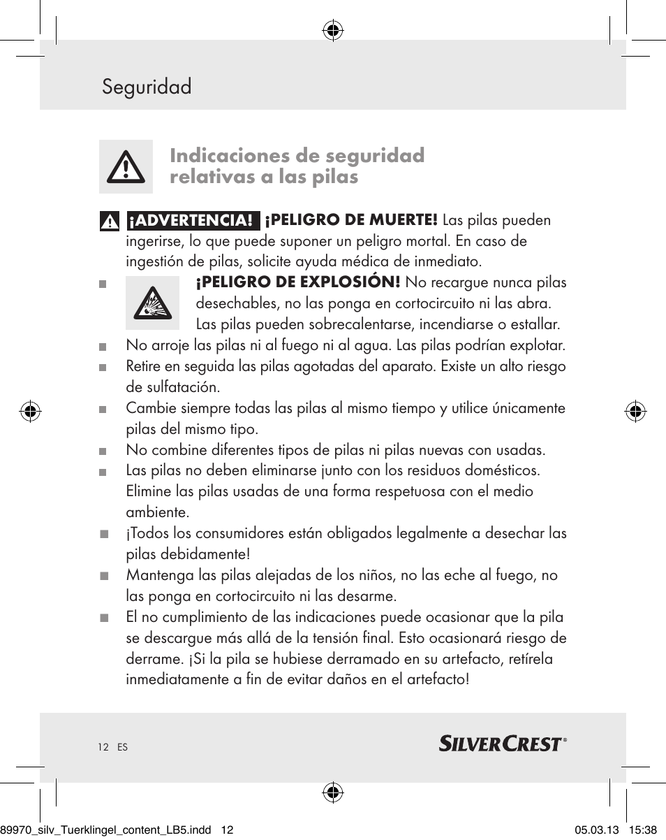 Seguridad, Indicaciones de seguridad relativas a las pilas | Silvercrest Z30914 User Manual | Page 12 / 72