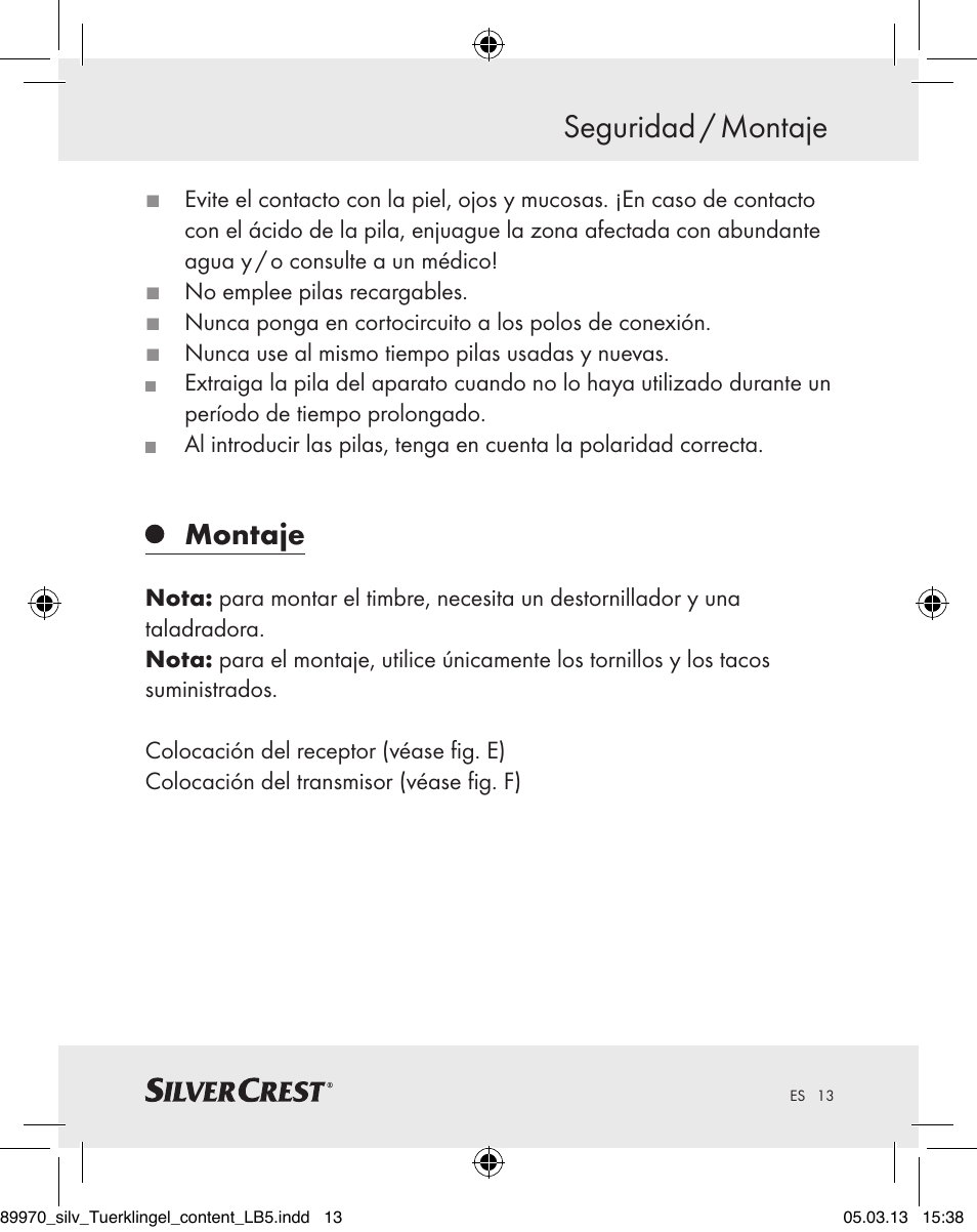 Seguridad / montaje, Montaje | Silvercrest Z30914 User Manual | Page 13 / 72