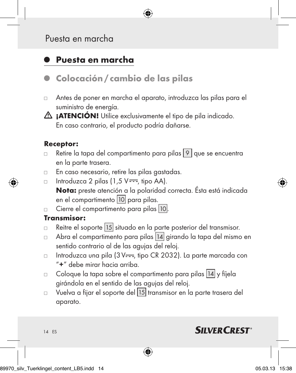 Puesta en marcha, Puesta en marcha colocación / cambio de las pilas | Silvercrest Z30914 User Manual | Page 14 / 72