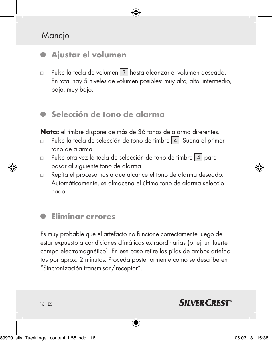 Manejo, Ajustar el volumen, Selección de tono de alarma | Eliminar errores | Silvercrest Z30914 User Manual | Page 16 / 72