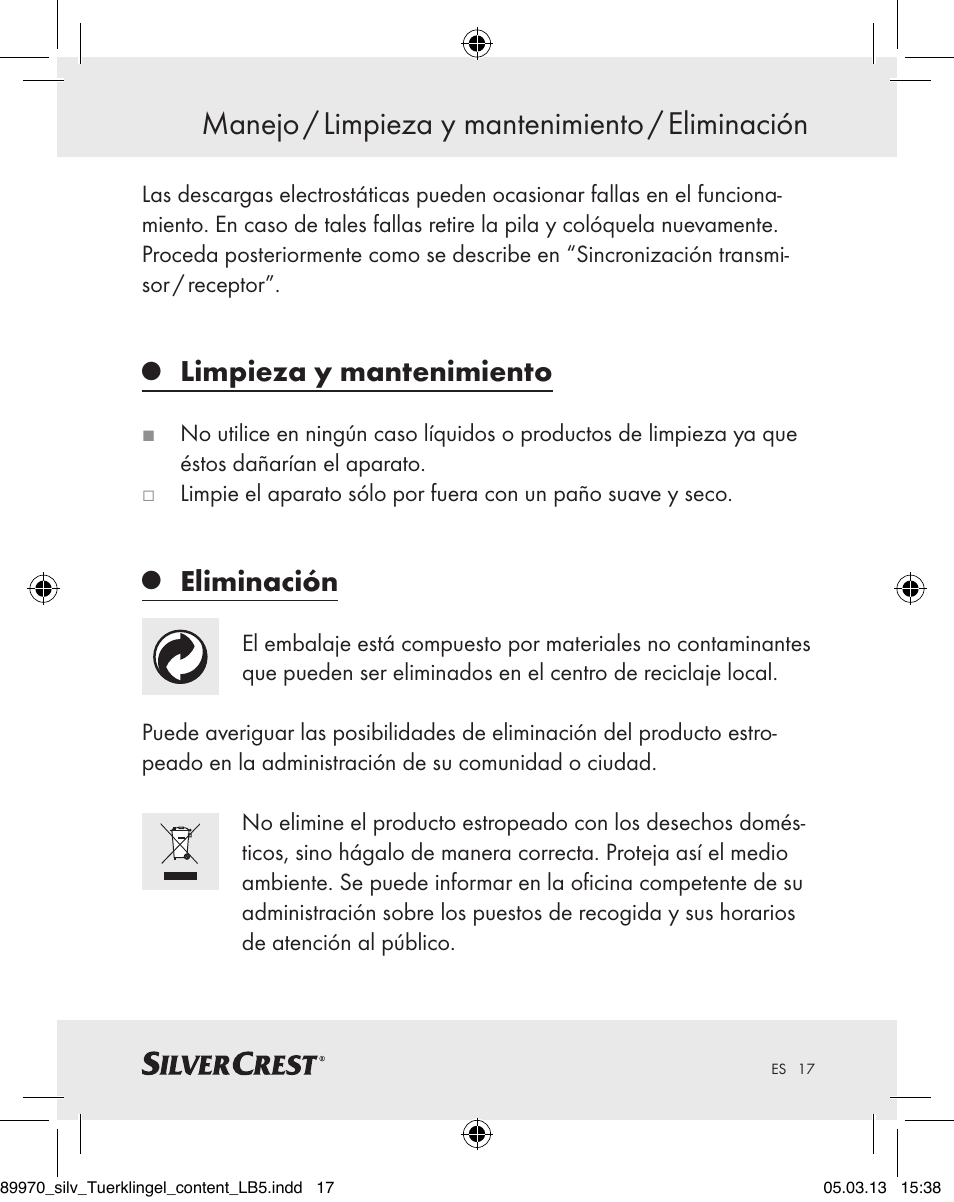 Manejo / limpieza y mantenimiento / eliminación, Limpieza y mantenimiento, Eliminación | Silvercrest Z30914 User Manual | Page 17 / 72