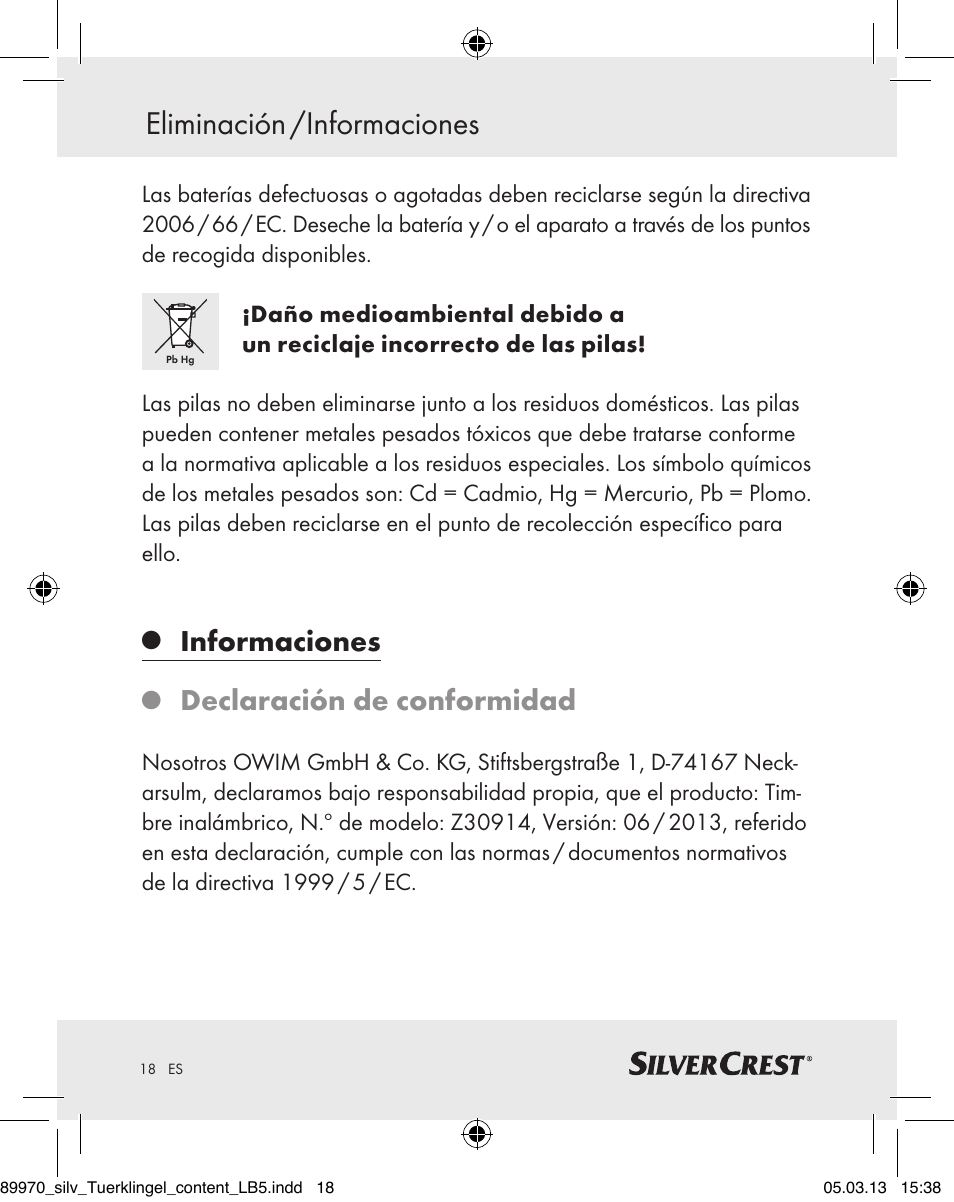 Eliminación / informaciones, Informaciones, Declaración de conformidad | Silvercrest Z30914 User Manual | Page 18 / 72