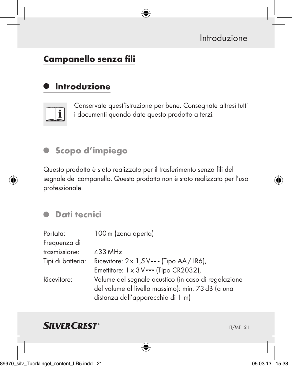 Campanello senza fili, Introduzione, Scopo d’impiego | Dati tecnici | Silvercrest Z30914 User Manual | Page 21 / 72