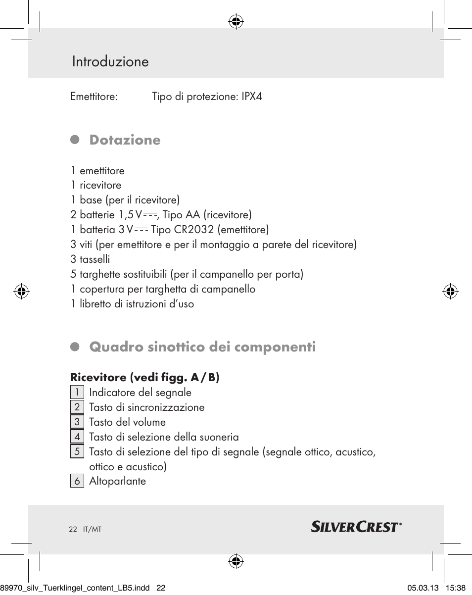 Introduzione, Dotazione, Quadro sinottico dei componenti | Silvercrest Z30914 User Manual | Page 22 / 72