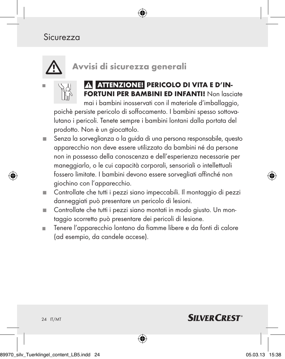 Sicurezza, Avvisi di sicurezza generali | Silvercrest Z30914 User Manual | Page 24 / 72