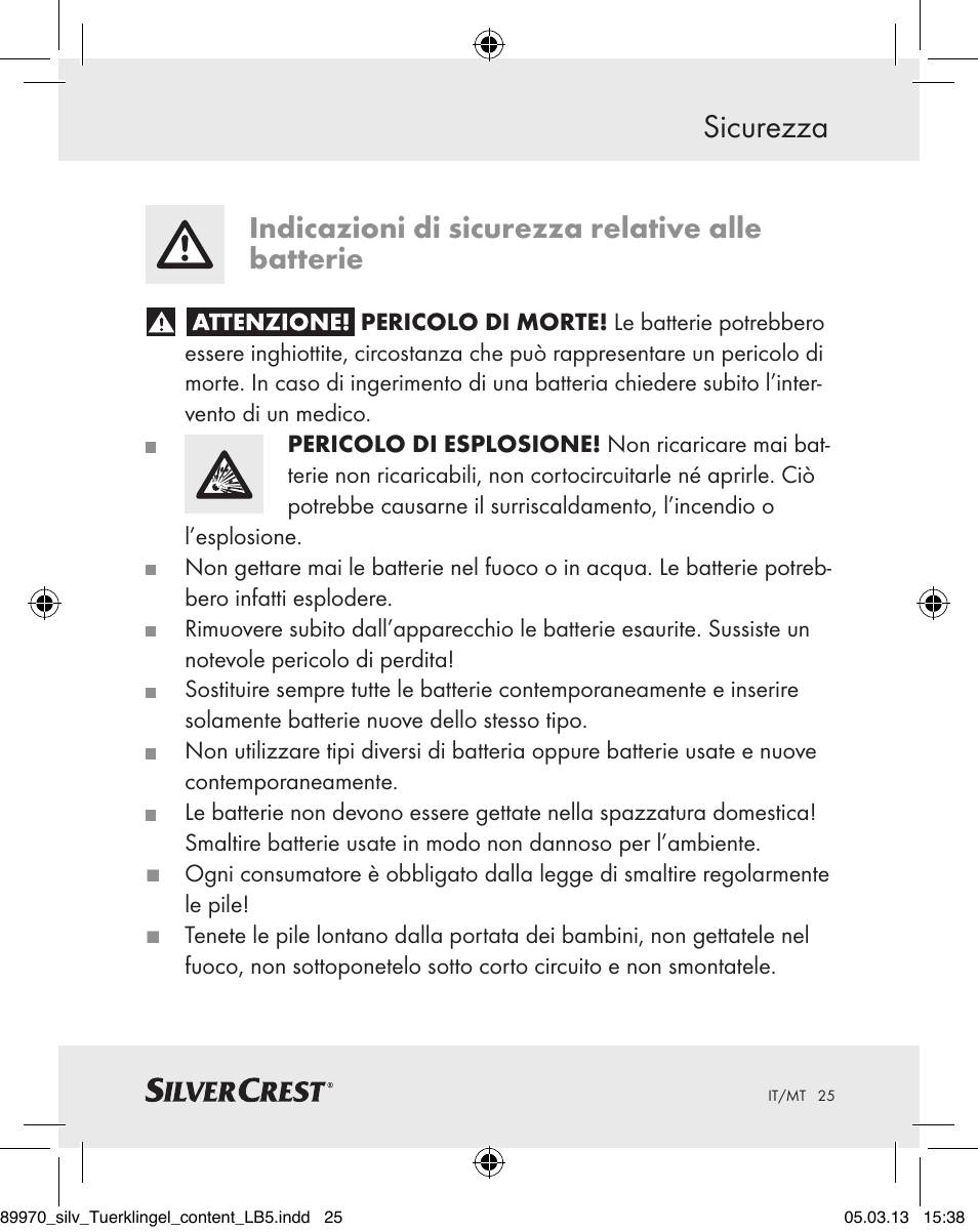 Sicurezza, Indicazioni di sicurezza relative alle batterie | Silvercrest Z30914 User Manual | Page 25 / 72