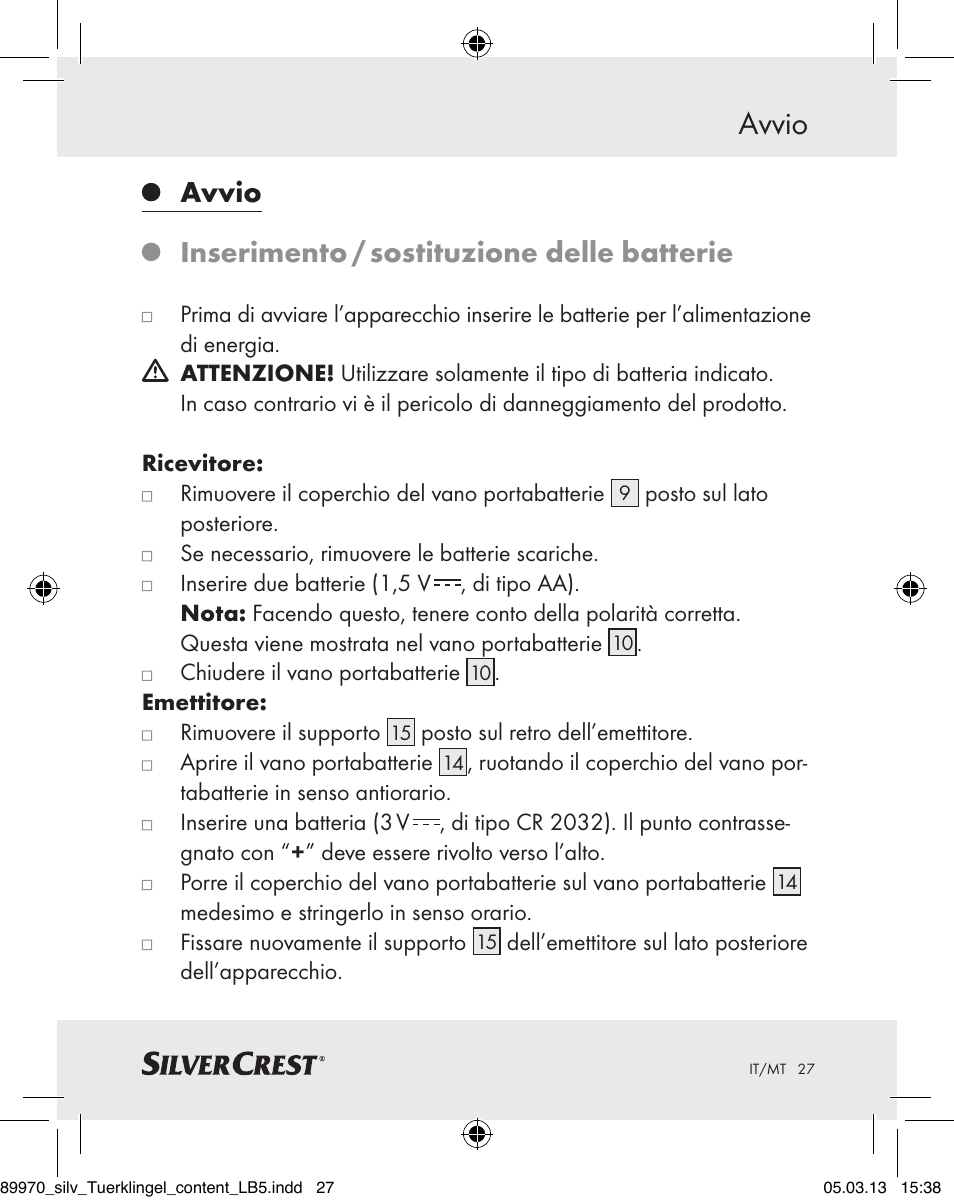 Avvio, Avvio inserimento / sostituzione delle batterie | Silvercrest Z30914 User Manual | Page 27 / 72