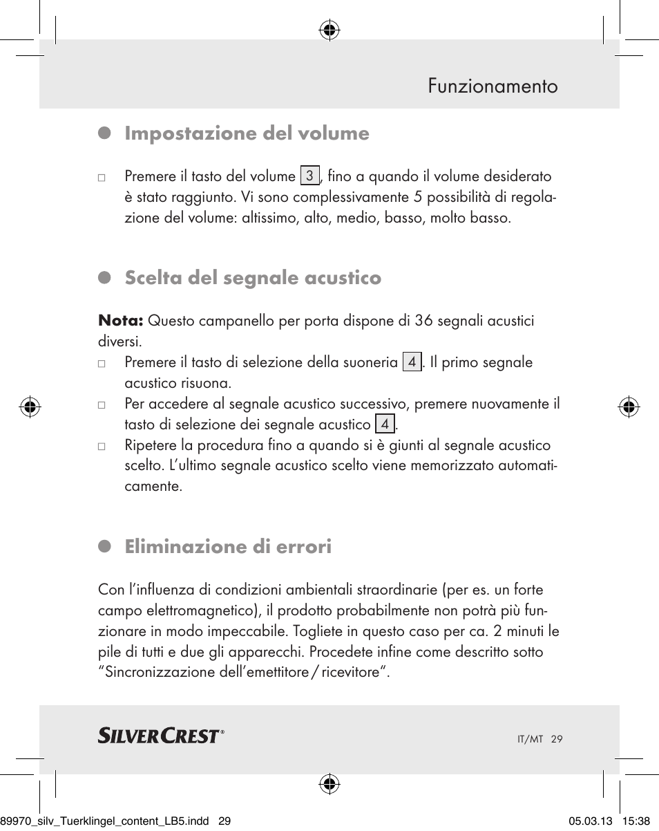 Funzionamento, Impostazione del volume, Scelta del segnale acustico | Eliminazione di errori | Silvercrest Z30914 User Manual | Page 29 / 72