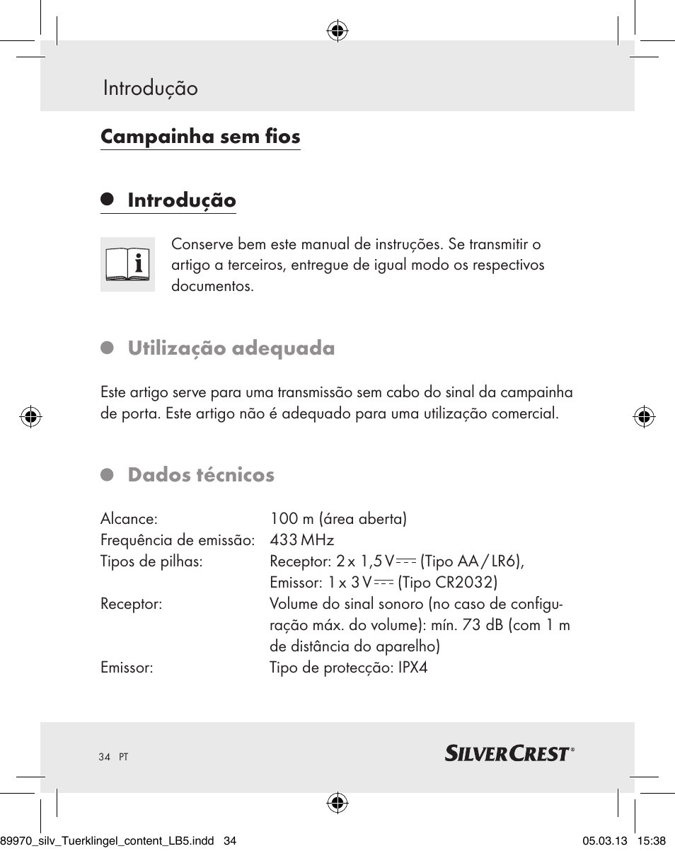 Campainha sem fios, Introdução, Utilização adequada | Dados técnicos | Silvercrest Z30914 User Manual | Page 34 / 72