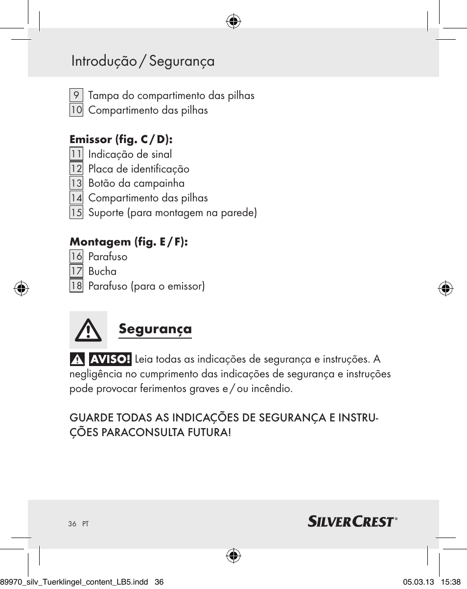 Introdução / segurança, Segurança | Silvercrest Z30914 User Manual | Page 36 / 72