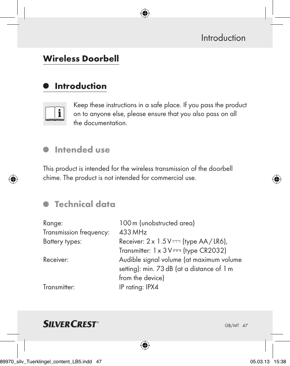 Introduction, Wireless doorbell introduction, Intended use | Technical data | Silvercrest Z30914 User Manual | Page 47 / 72