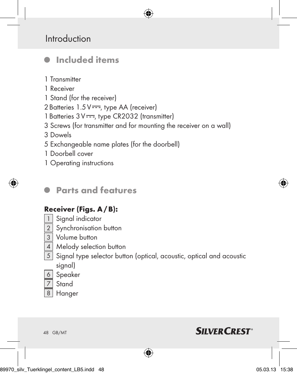 Introduction, Included items, Parts and features | Silvercrest Z30914 User Manual | Page 48 / 72