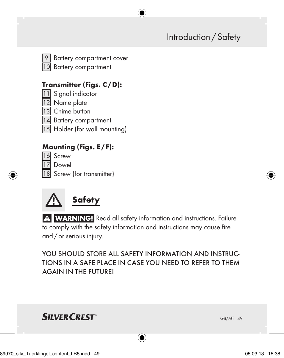 Introduction / safety, Safety | Silvercrest Z30914 User Manual | Page 49 / 72