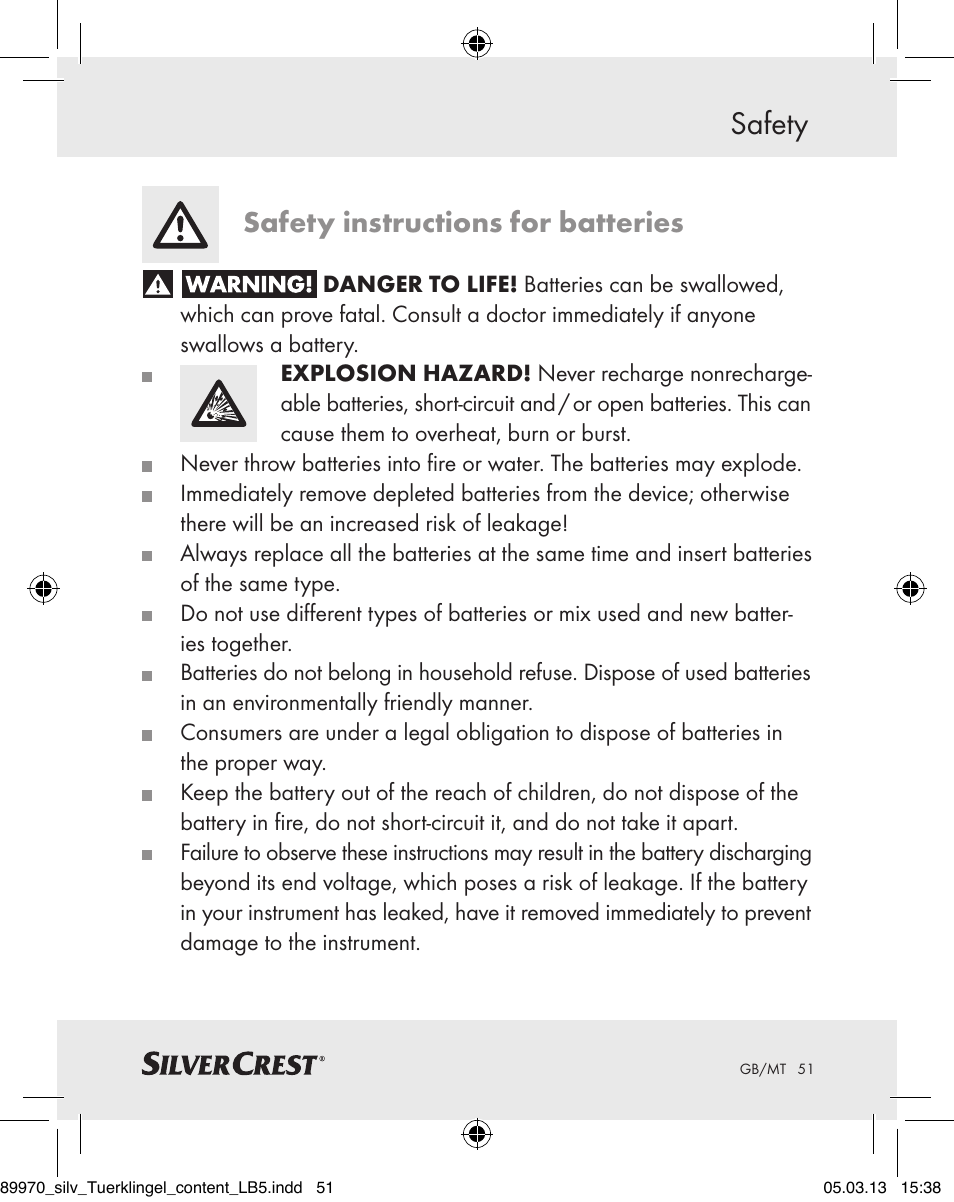 Safety, Safety instructions for batteries | Silvercrest Z30914 User Manual | Page 51 / 72