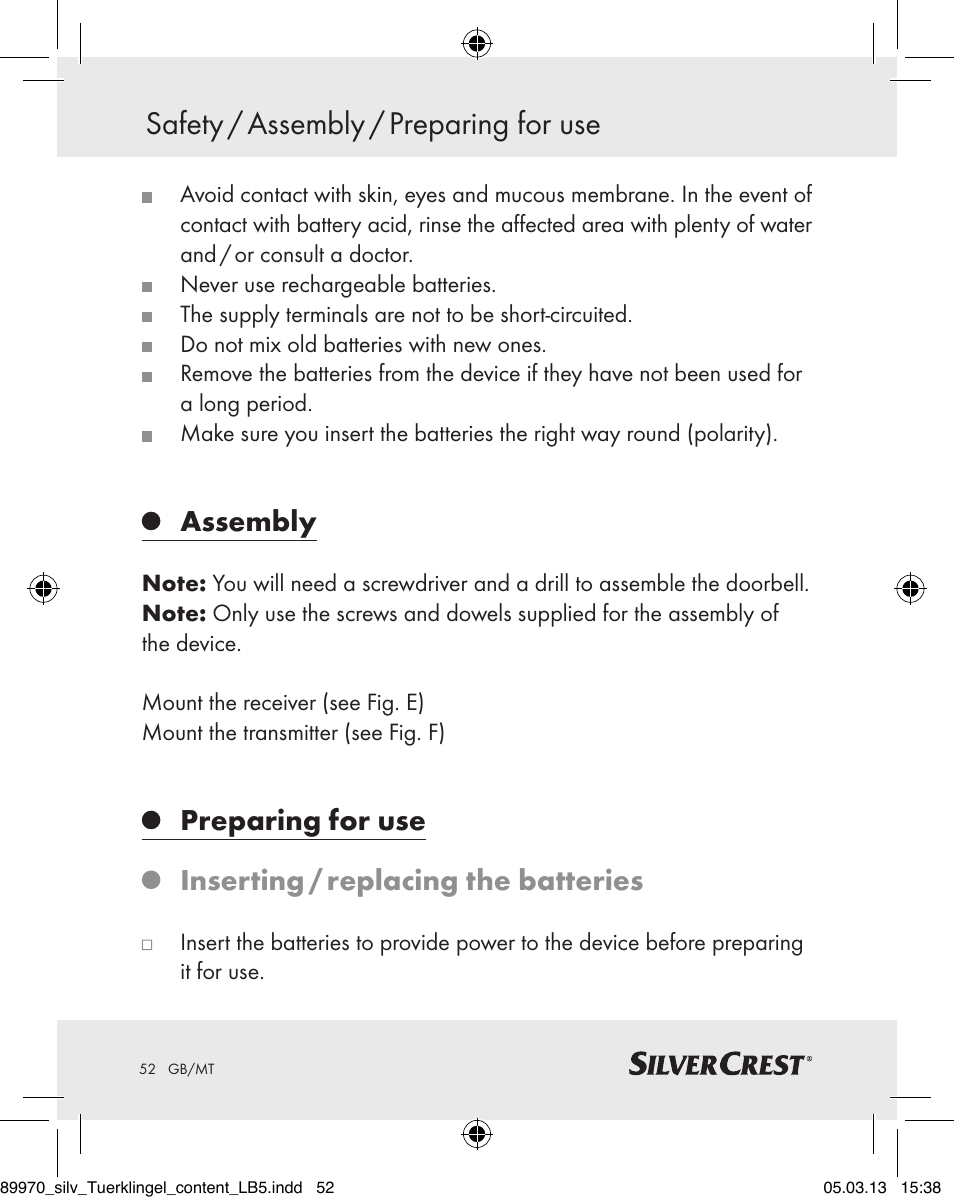 Safety / assembly / preparing for use, Assembly | Silvercrest Z30914 User Manual | Page 52 / 72