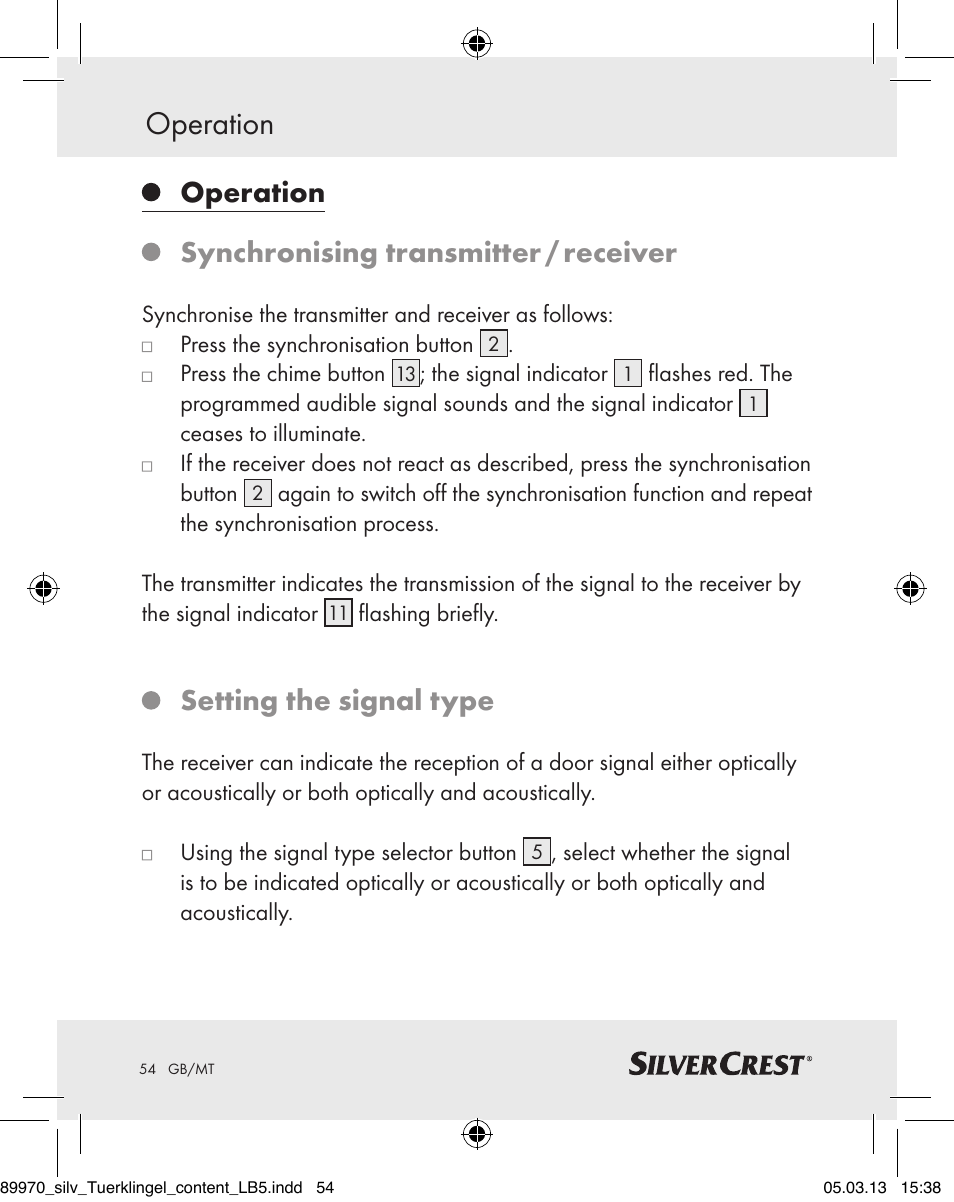 Operation, Operation synchronising transmitter / receiver, Setting the signal type | Silvercrest Z30914 User Manual | Page 54 / 72