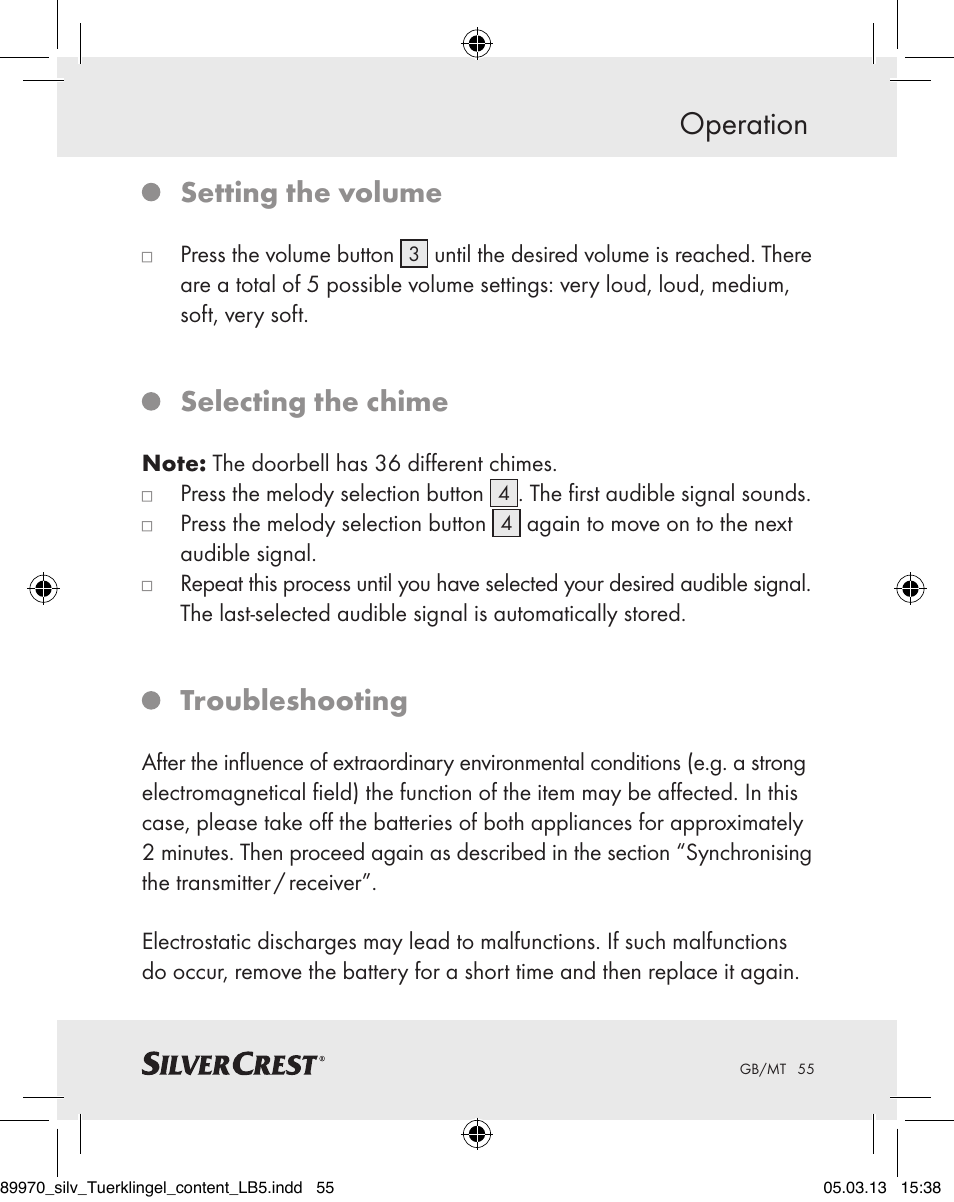 Operation, Setting the volume, Selecting the chime | Troubleshooting | Silvercrest Z30914 User Manual | Page 55 / 72