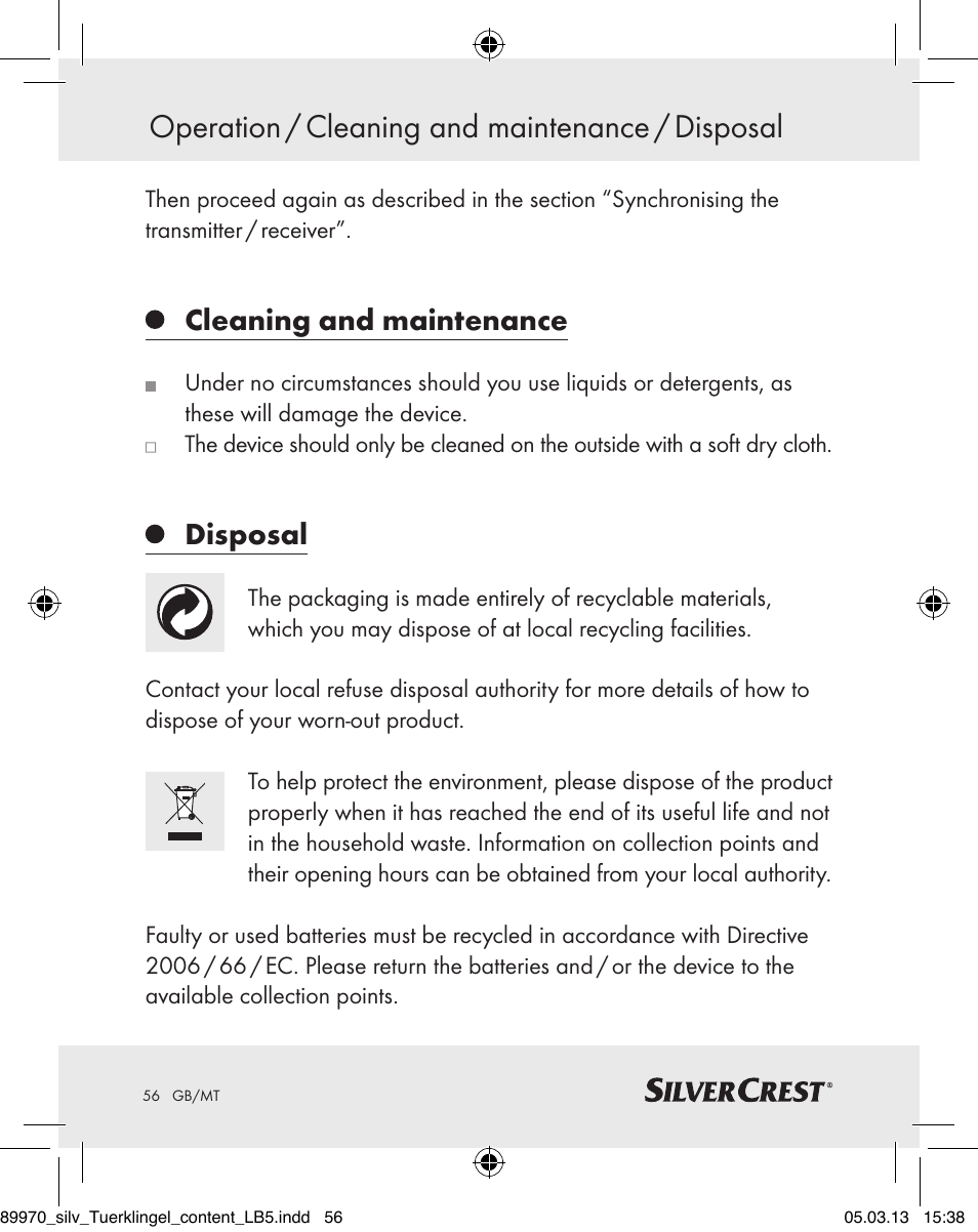 Operation / cleaning and maintenance / disposal, Cleaning and maintenance, Disposal | Silvercrest Z30914 User Manual | Page 56 / 72