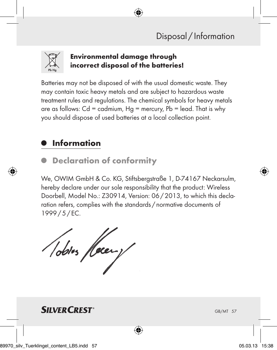 Disposal / information, Information declaration of conformity | Silvercrest Z30914 User Manual | Page 57 / 72