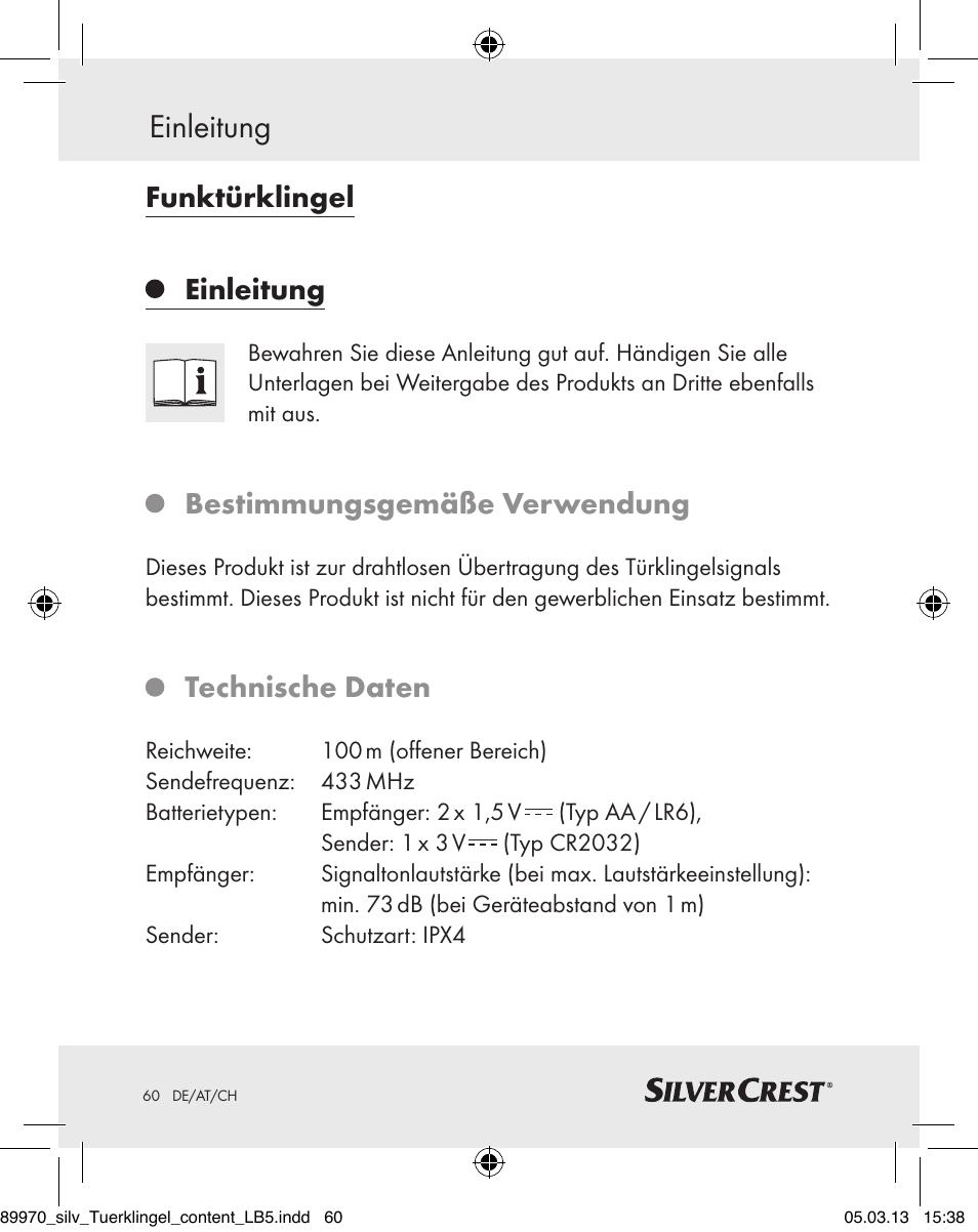 Einleitung, Funktürklingel, Bestimmungsgemäße verwendung | Technische daten | Silvercrest Z30914 User Manual | Page 60 / 72