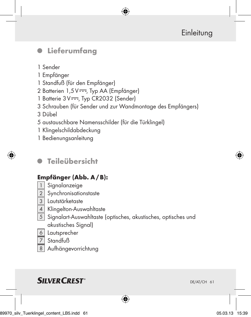 Einleitung, Lieferumfang, Teileübersicht | Silvercrest Z30914 User Manual | Page 61 / 72