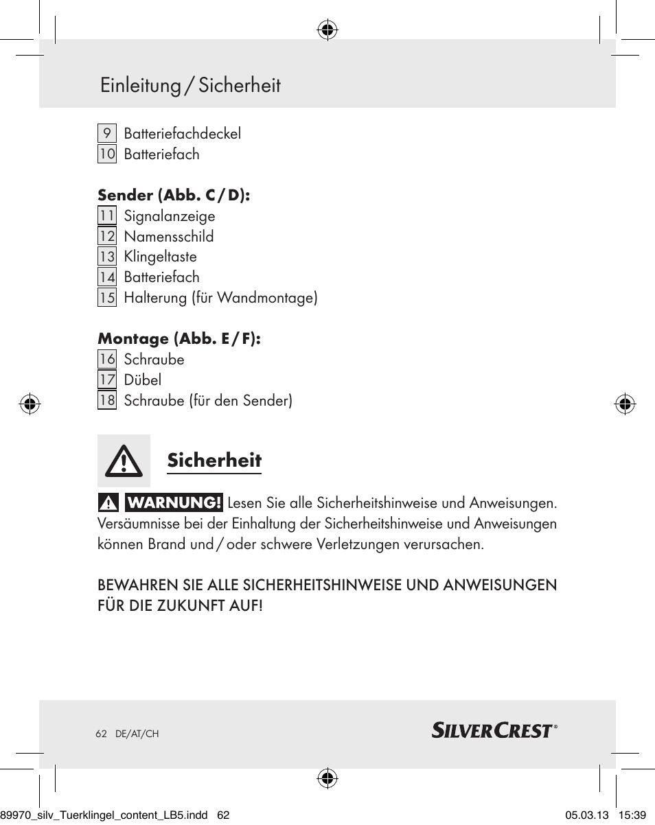 Einleitung / sicherheit, Sicherheit | Silvercrest Z30914 User Manual | Page 62 / 72