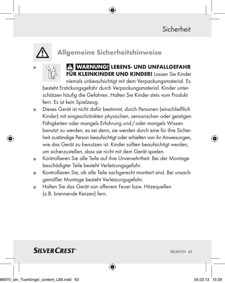 Sicherheit, Allgemeine sicherheitshinweise | Silvercrest Z30914 User Manual | Page 63 / 72