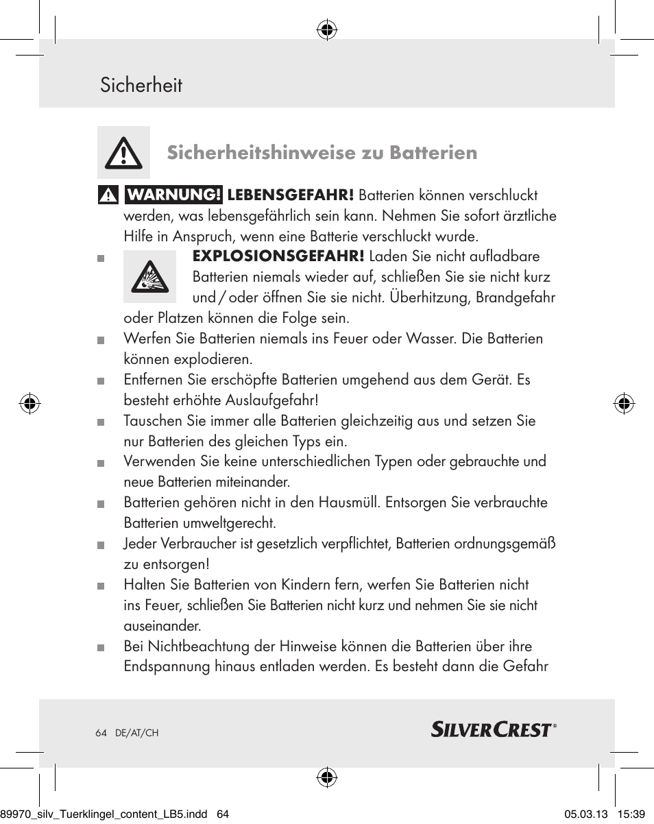 Sicherheit, Sicherheitshinweise zu batterien | Silvercrest Z30914 User Manual | Page 64 / 72