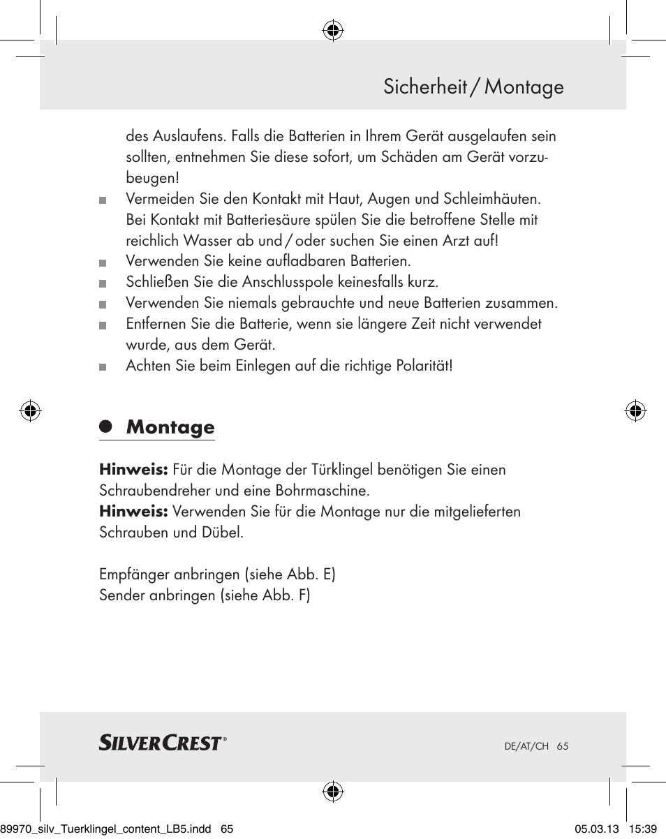 Sicherheit / montage, Montage | Silvercrest Z30914 User Manual | Page 65 / 72