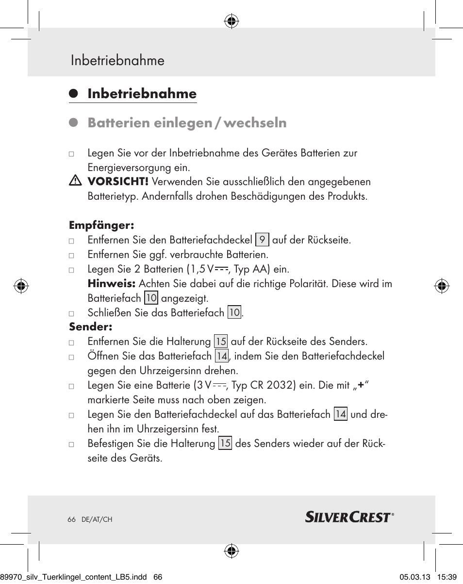 Inbetriebnahme, Batterien einlegen / wechseln | Silvercrest Z30914 User Manual | Page 66 / 72