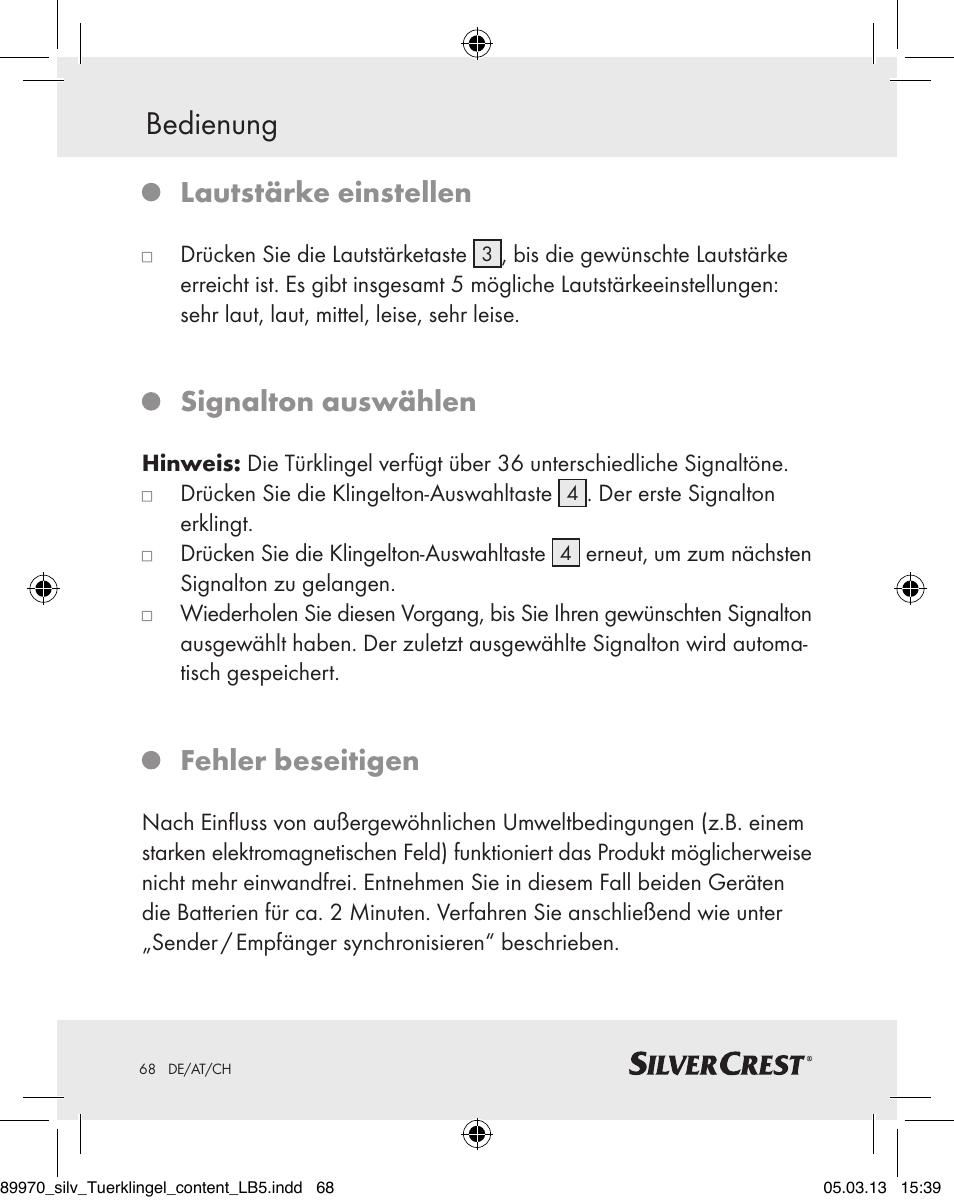 Bedienung, Lautstärke einstellen, Signalton auswählen | Fehler beseitigen | Silvercrest Z30914 User Manual | Page 68 / 72