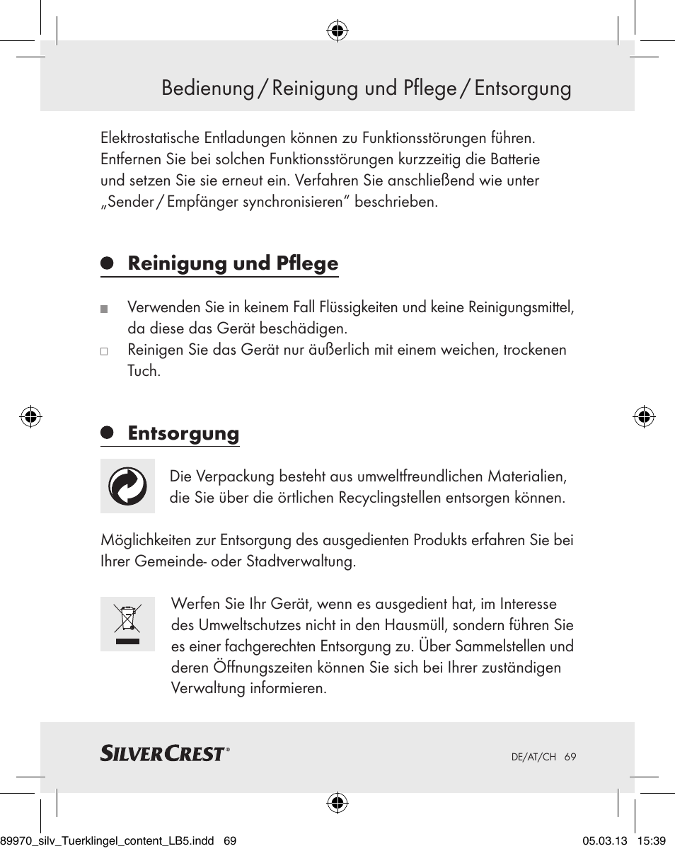 Bedienung / reinigung und pflege / entsorgung, Reinigung und pflege, Entsorgung | Silvercrest Z30914 User Manual | Page 69 / 72