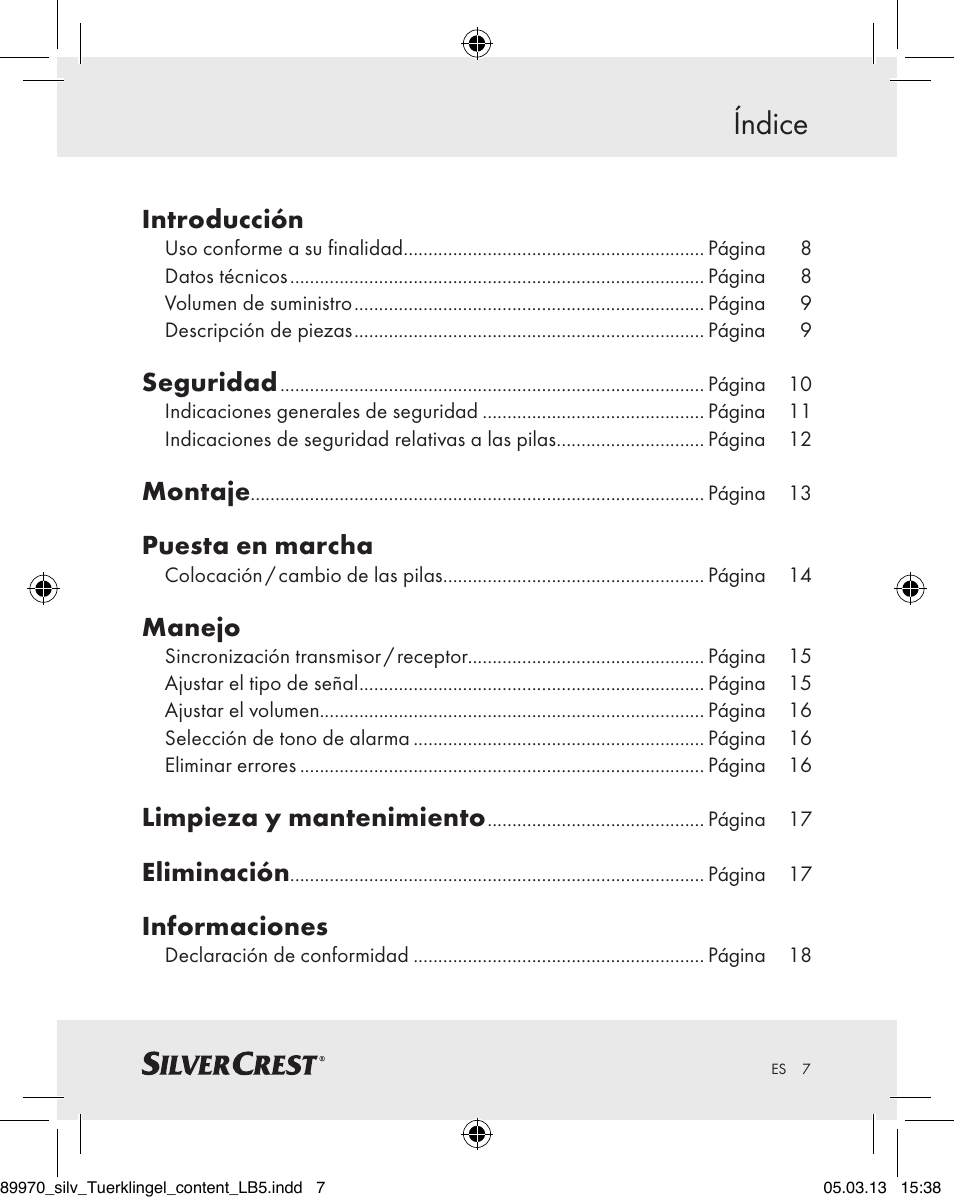 Índice, Introducción, Seguridad | Montaje, Puesta en marcha, Manejo, Limpieza y mantenimiento, Eliminación, Informaciones | Silvercrest Z30914 User Manual | Page 7 / 72