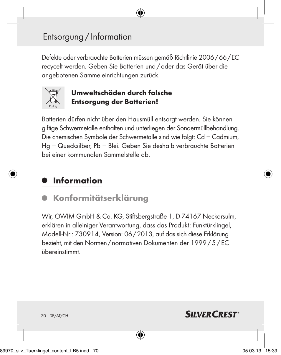 Entsorgung / information, Information, Konformitätserklärung | Silvercrest Z30914 User Manual | Page 70 / 72