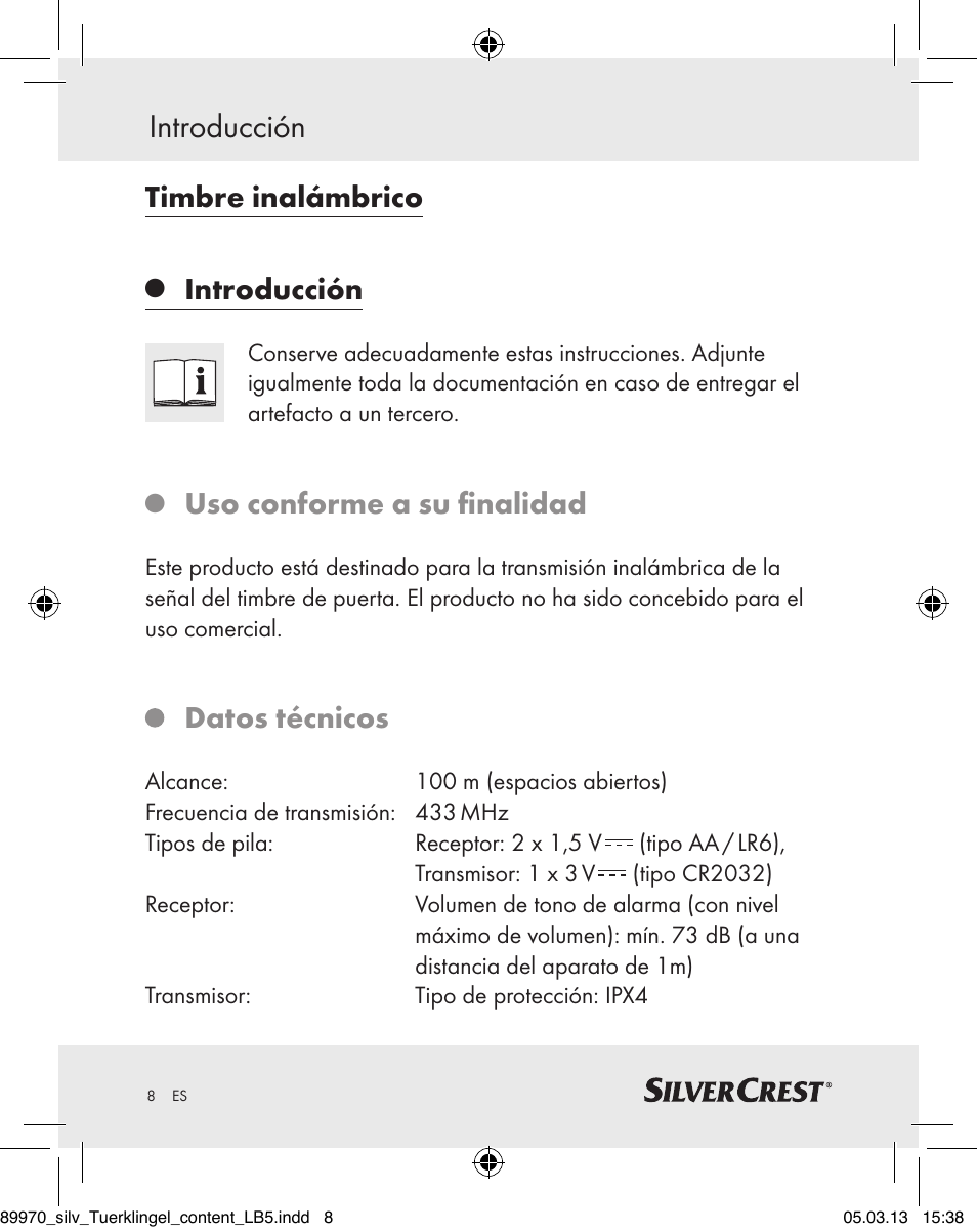 Timbre inalámbrico, Introducción, Uso conforme a su finalidad | Datos técnicos | Silvercrest Z30914 User Manual | Page 8 / 72