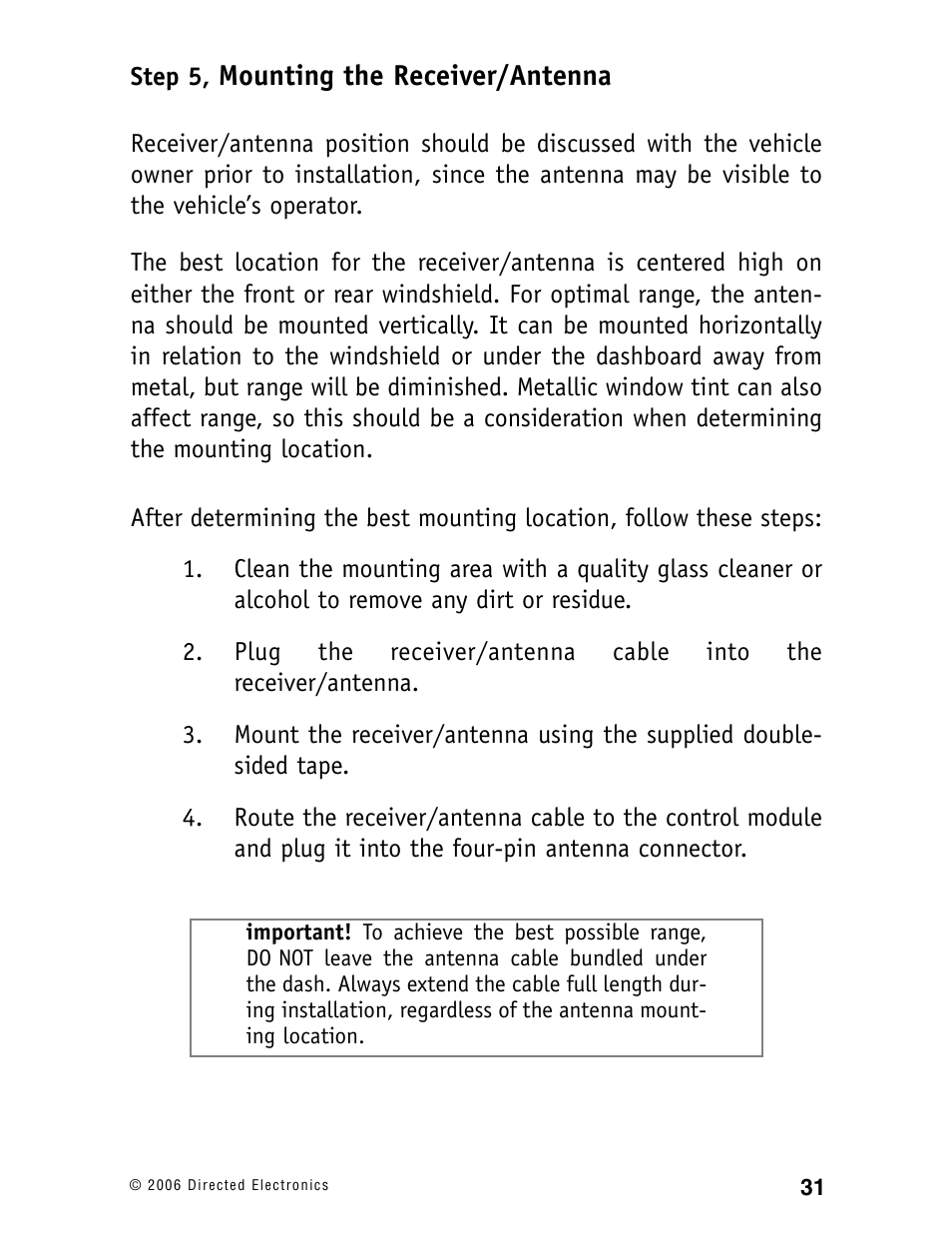 Mounting the receiver/antenna | Ready Remote 24927 User Manual | Page 34 / 79