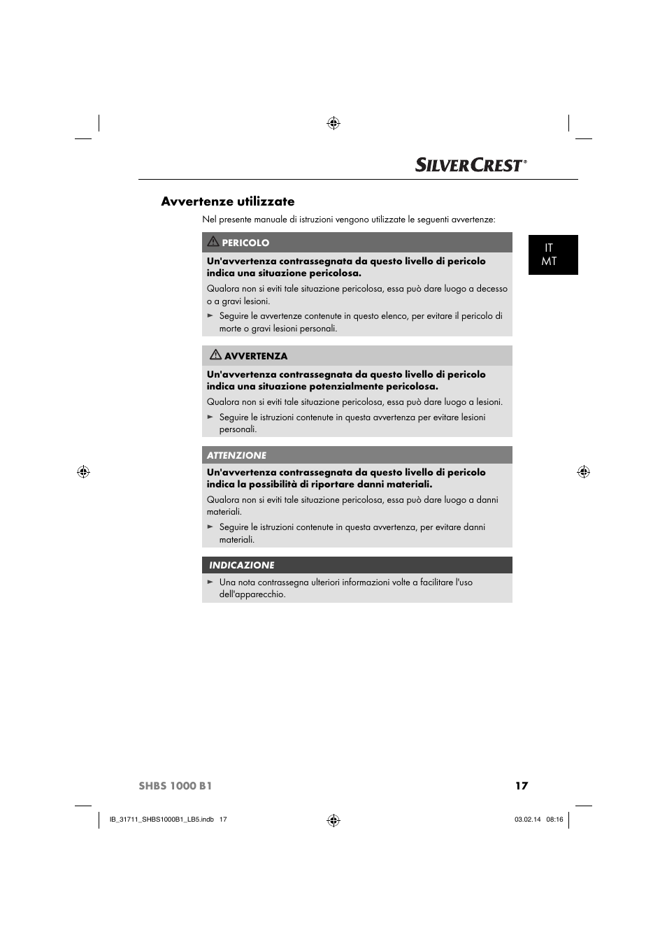 Avvertenze utilizzate, It mt | Silvercrest SHBS 1000 A1 User Manual | Page 20 / 74