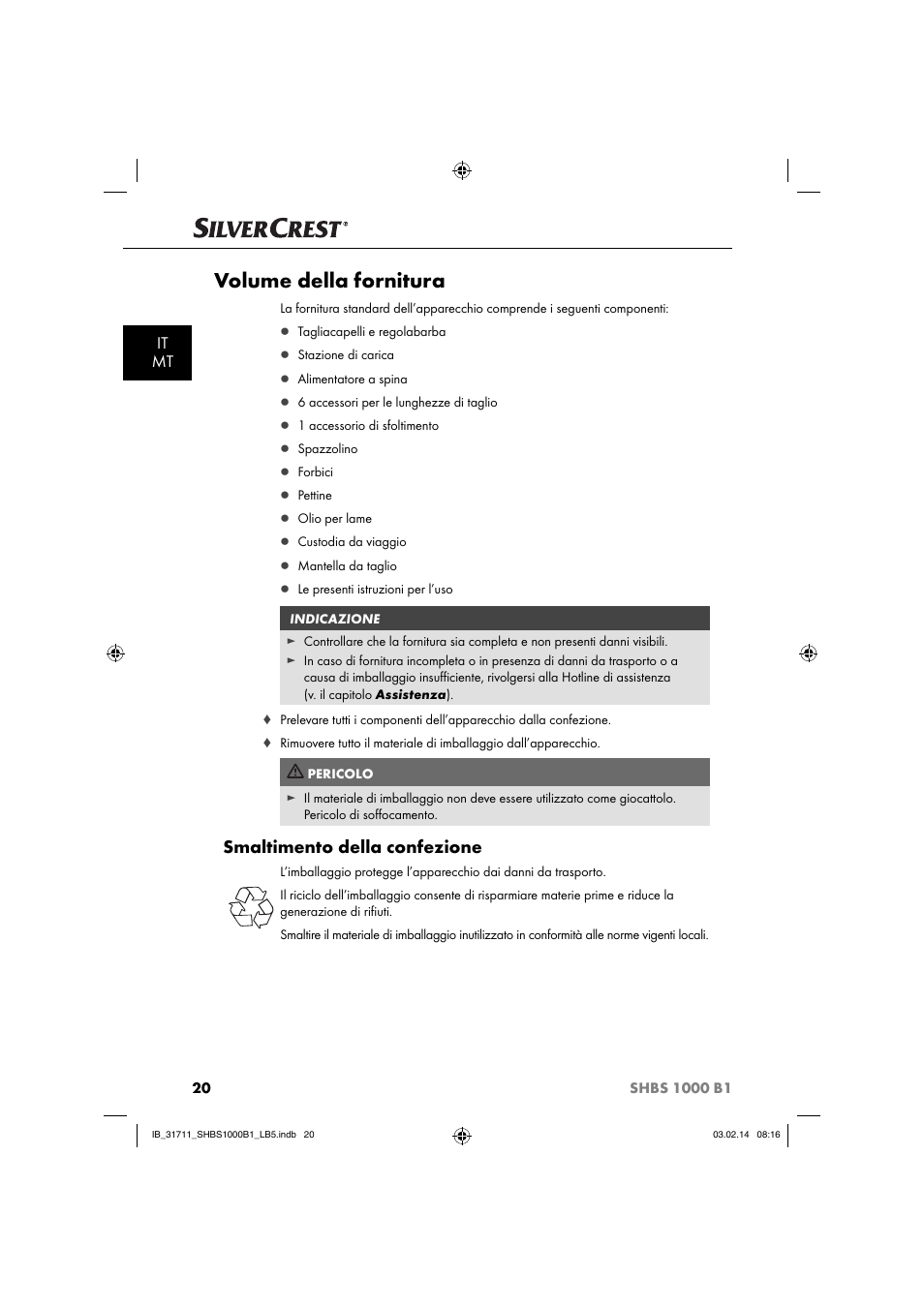 Volume della fornitura, Smaltimento della confezione, It mt | Silvercrest SHBS 1000 A1 User Manual | Page 23 / 74
