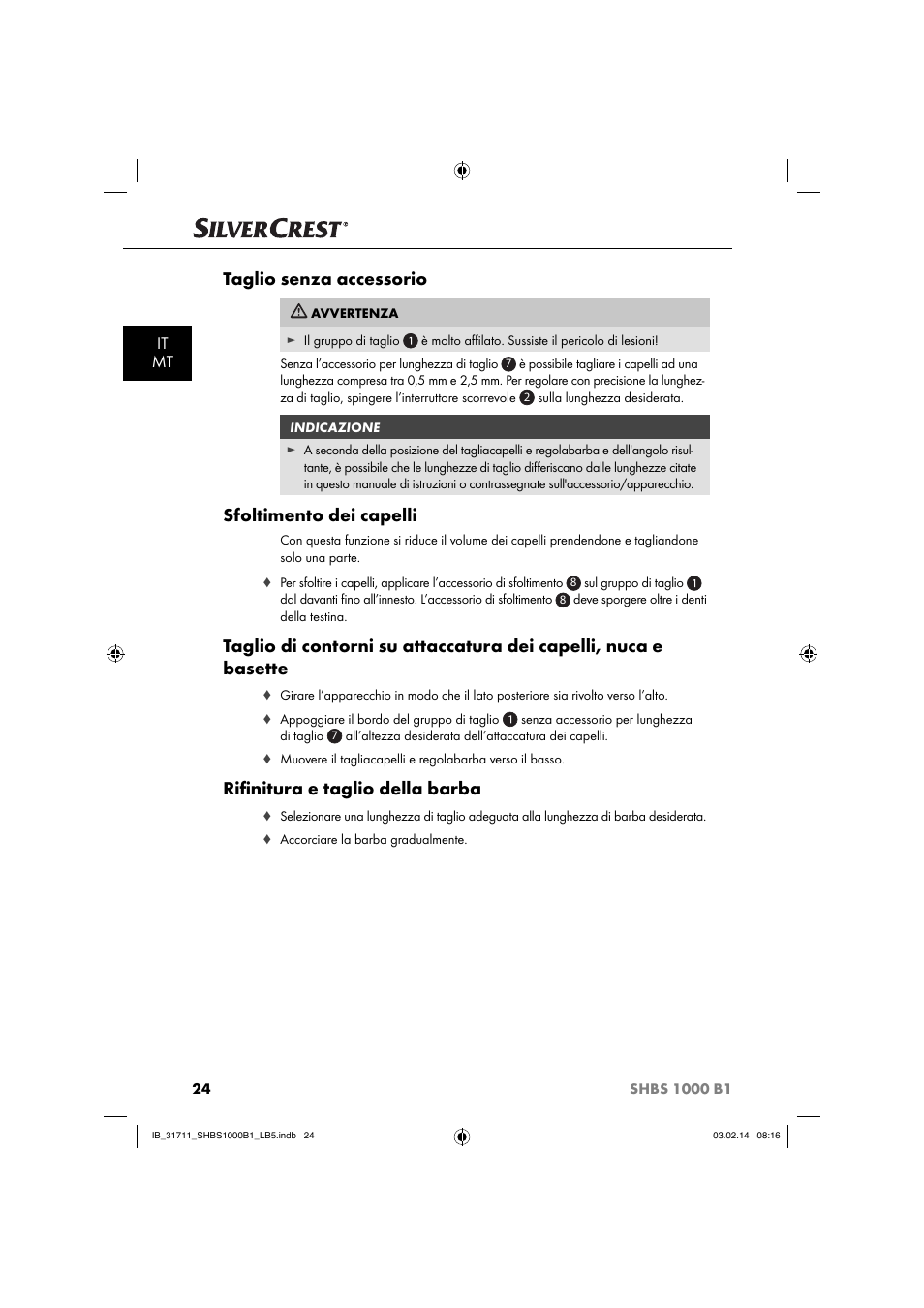 Taglio senza accessorio, Sfoltimento dei capelli, Riﬁ nitura e taglio della barba | It mt | Silvercrest SHBS 1000 A1 User Manual | Page 27 / 74