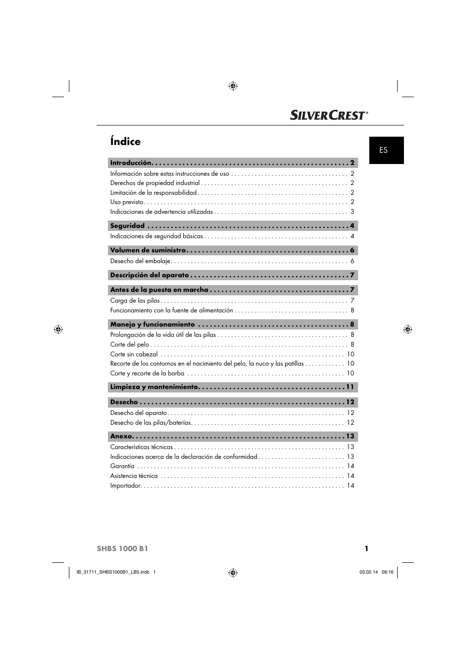 Índice | Silvercrest SHBS 1000 A1 User Manual | Page 4 / 74