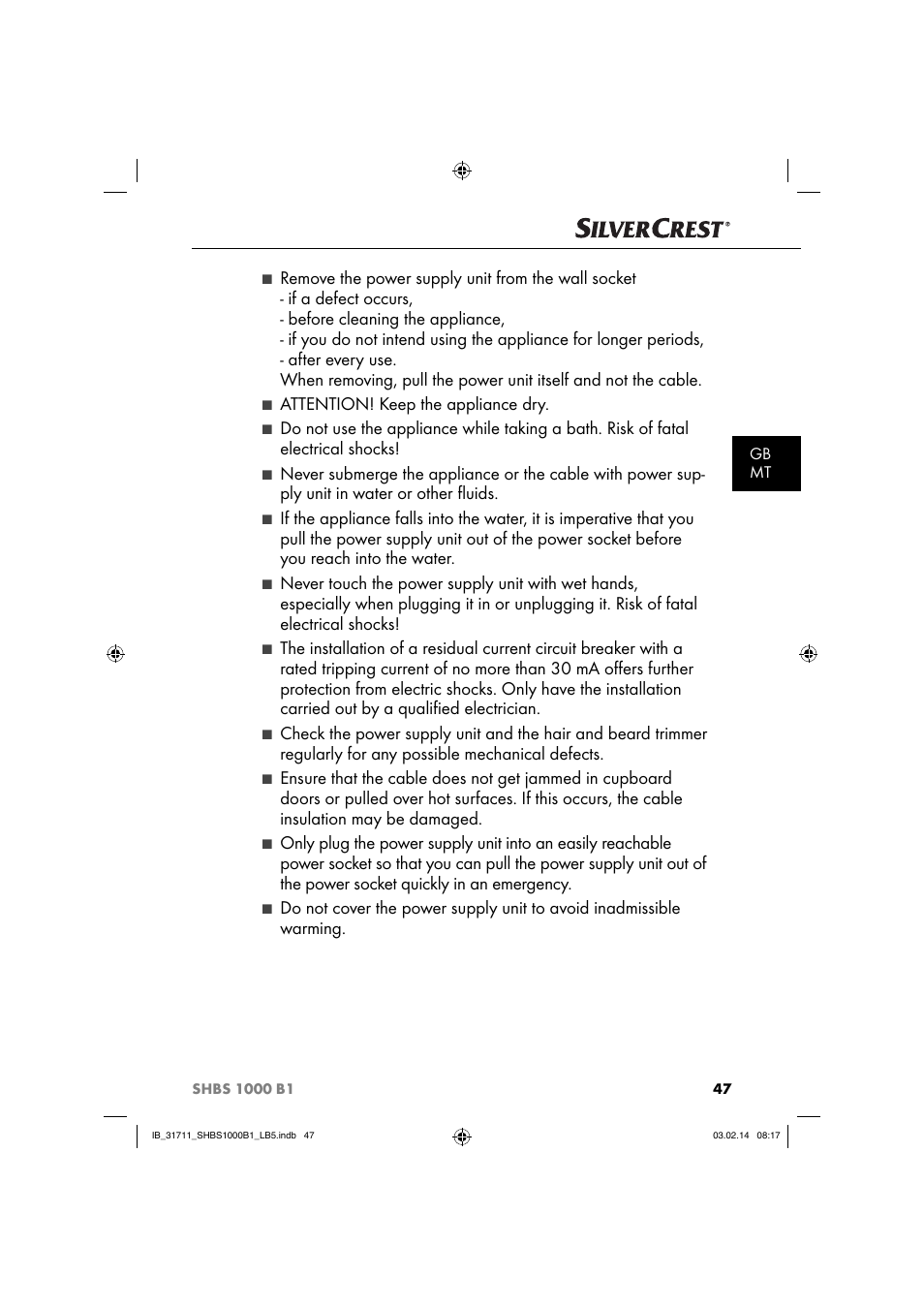 Attention! keep the appliance dry | Silvercrest SHBS 1000 A1 User Manual | Page 50 / 74