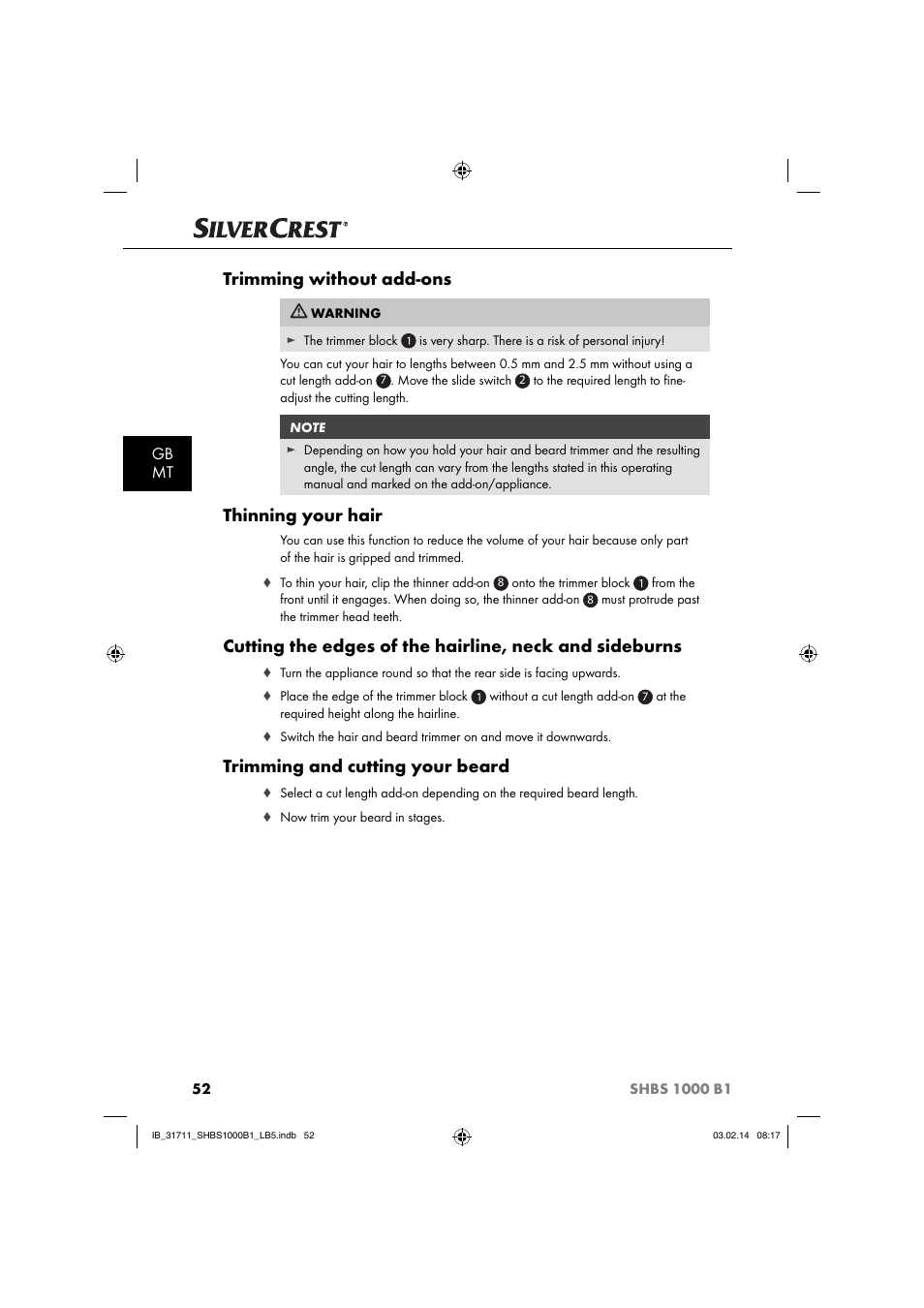 Trimming without add-ons, Thinning your hair, Trimming and cutting your beard | Gb mt | Silvercrest SHBS 1000 A1 User Manual | Page 55 / 74