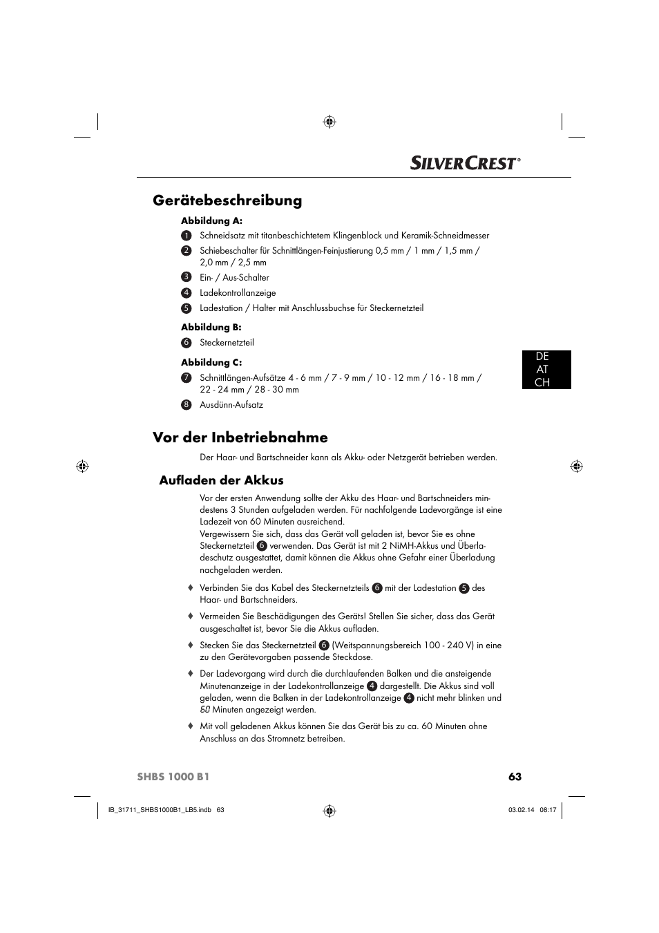 Gerätebeschreibung, Vor der inbetriebnahme, Auﬂ aden der akkus | De at ch | Silvercrest SHBS 1000 A1 User Manual | Page 66 / 74